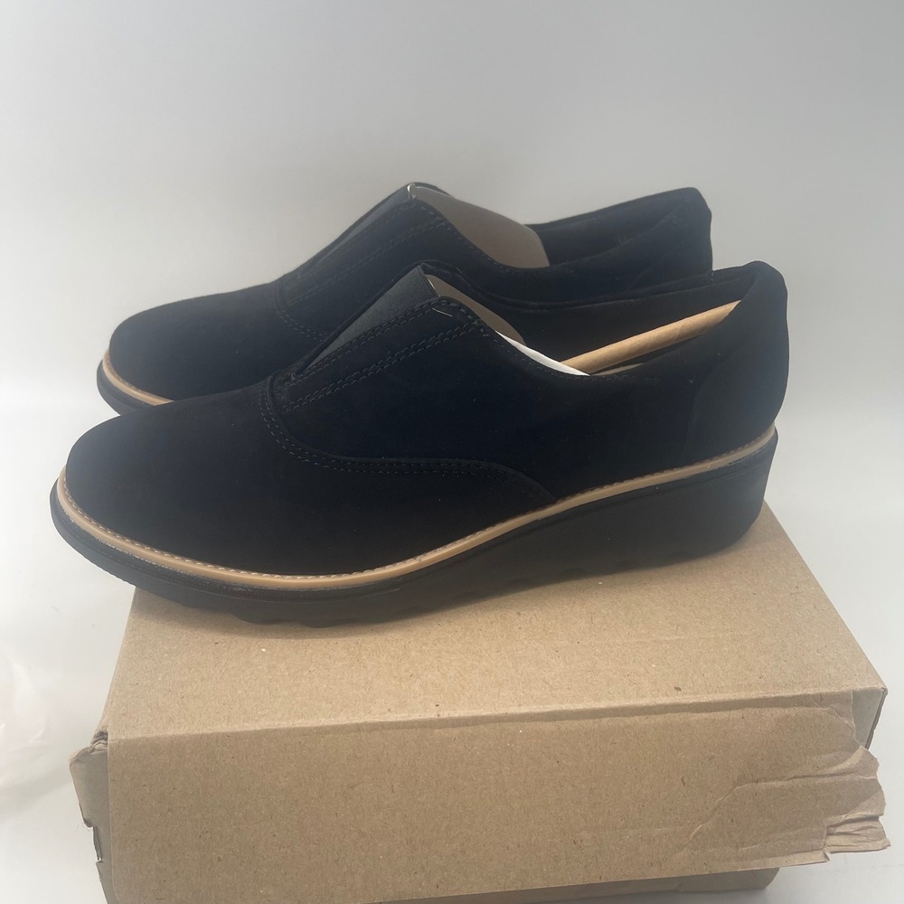 Clarks Sharon Sail Black Suede Wedge Loafers Womens 7.5 M Slip On Shoes NEW - Picture 2 of 6